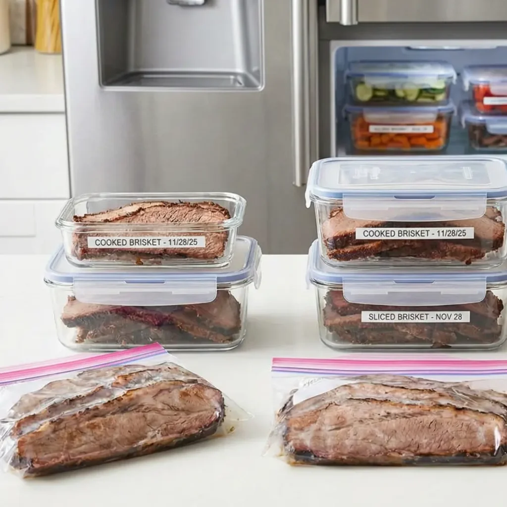 Sliced brisket stored in airtight containers and vacuum bags for refrigeration or freezing.