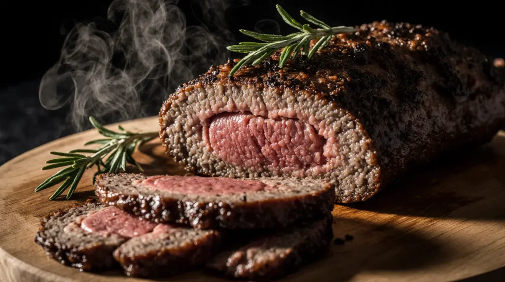 Sliced sous vide brisket with dark mahogany bark crust on wooden cutting board showing pink smoke ring and tender texture