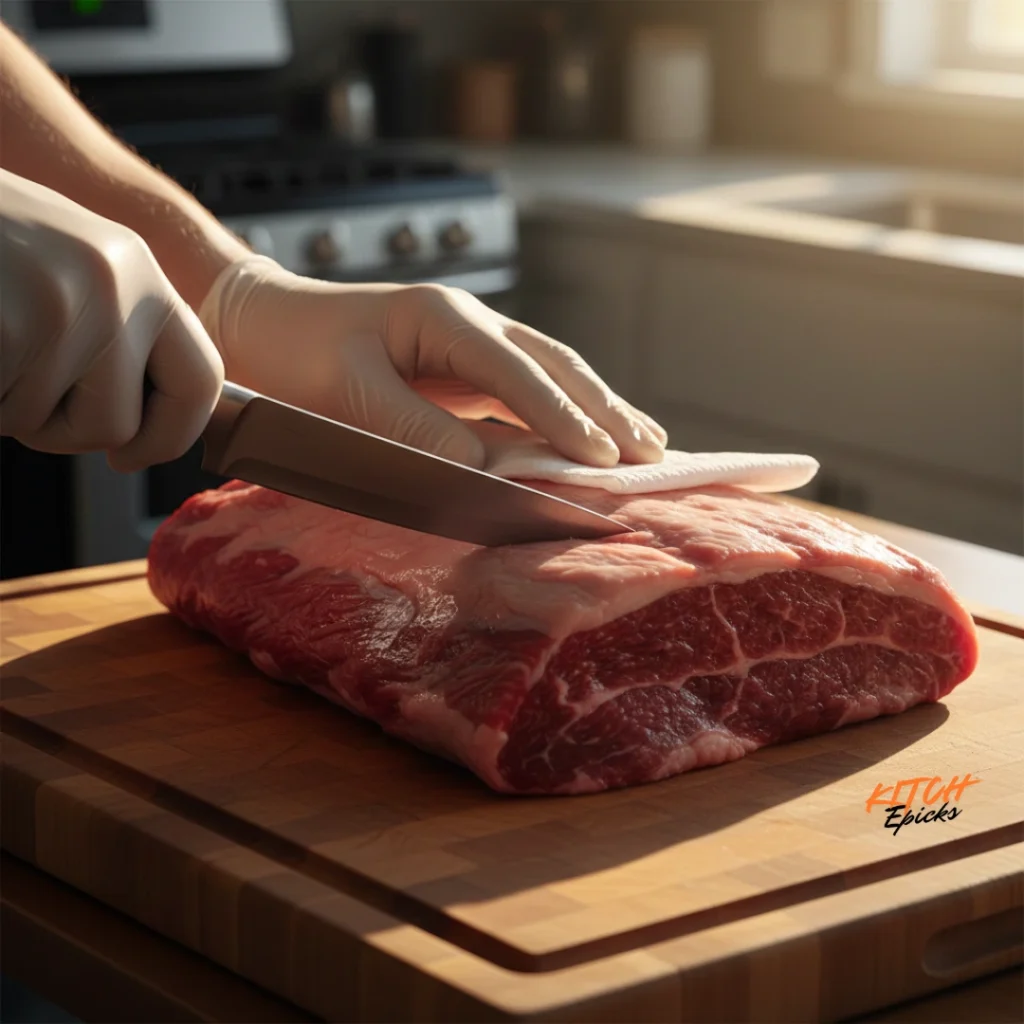 Raw brisket on a cutting board being trimmed and dried with paper towels.