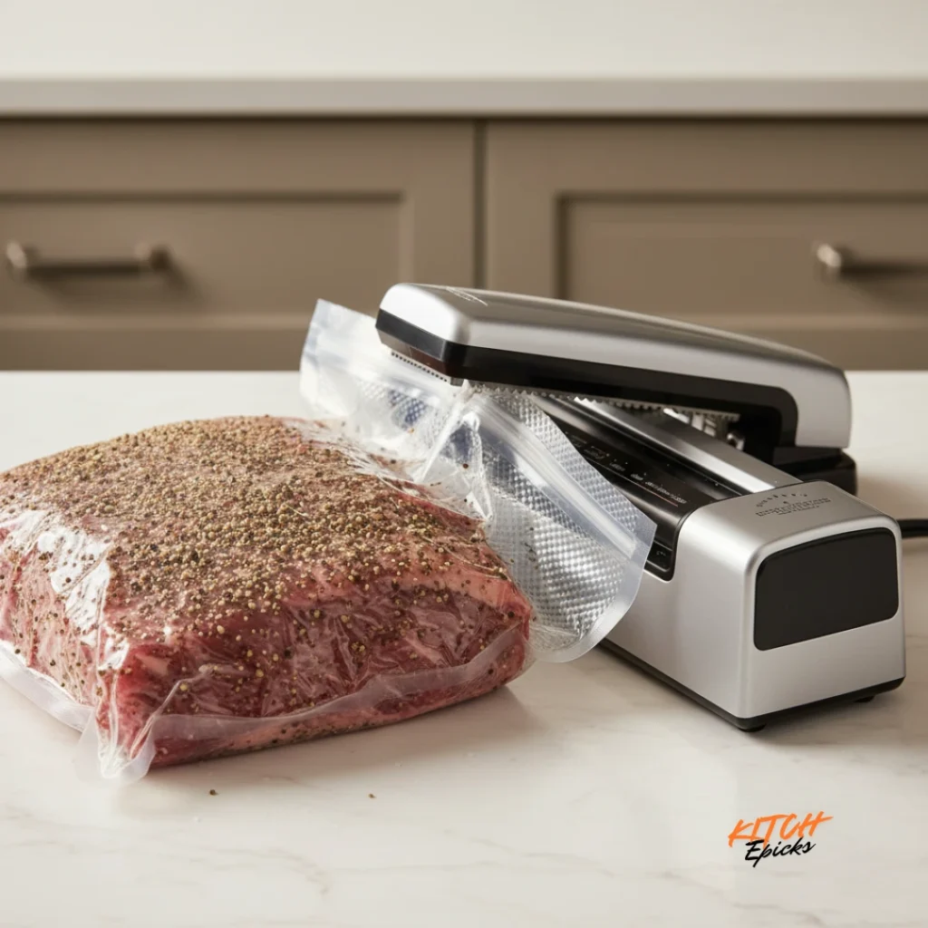 Brisket inside a vacuum seal bag being sealed for sous vide.