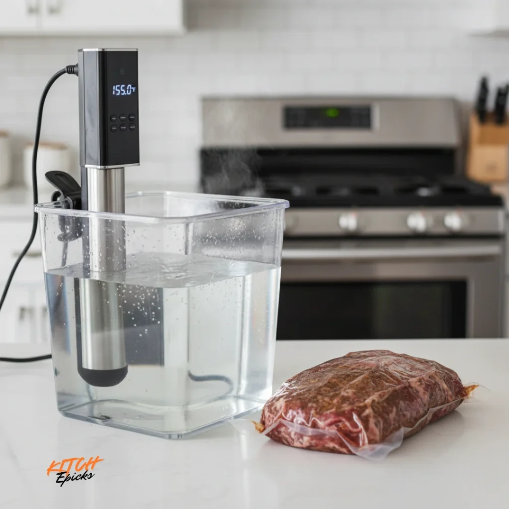Sous vide container with circulator preheating to 155°F.