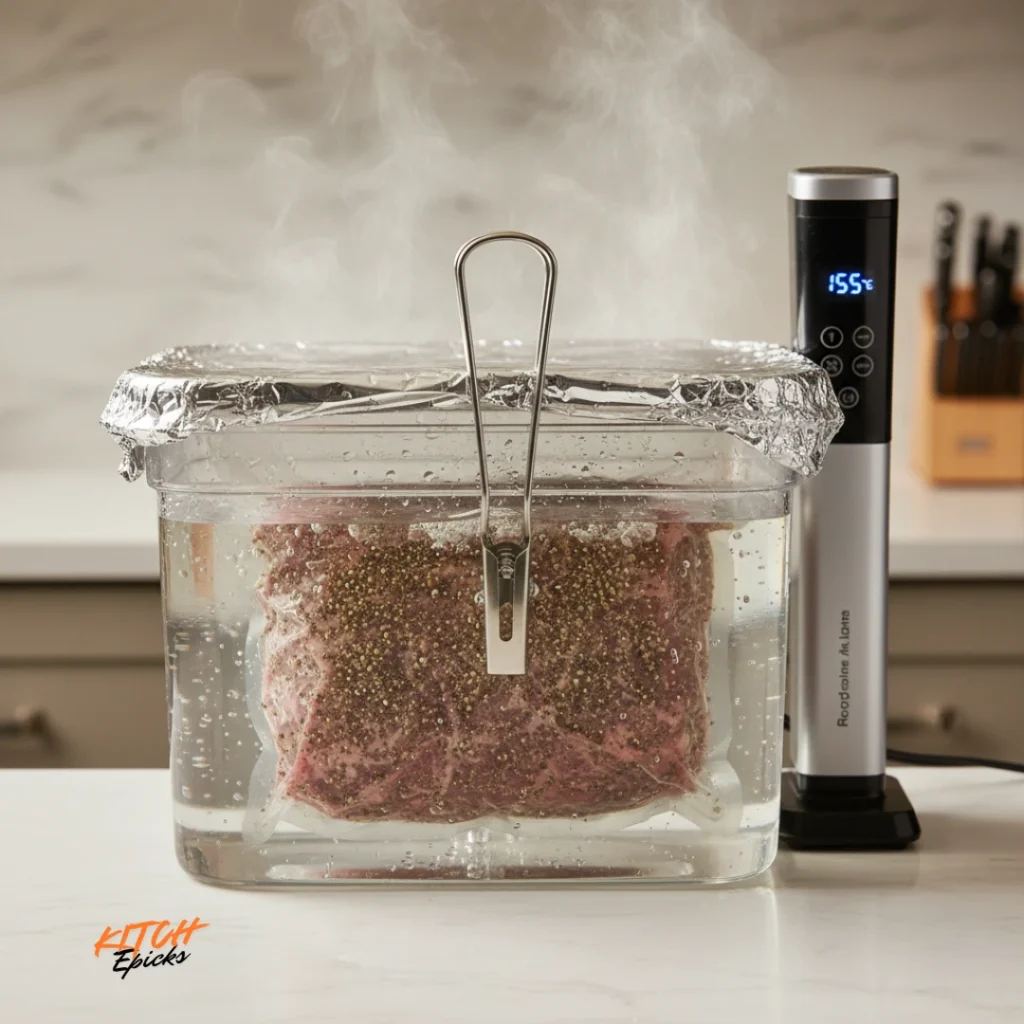 Vacuum-sealed brisket cooking in a sous vide water bath for long-duration cooking.