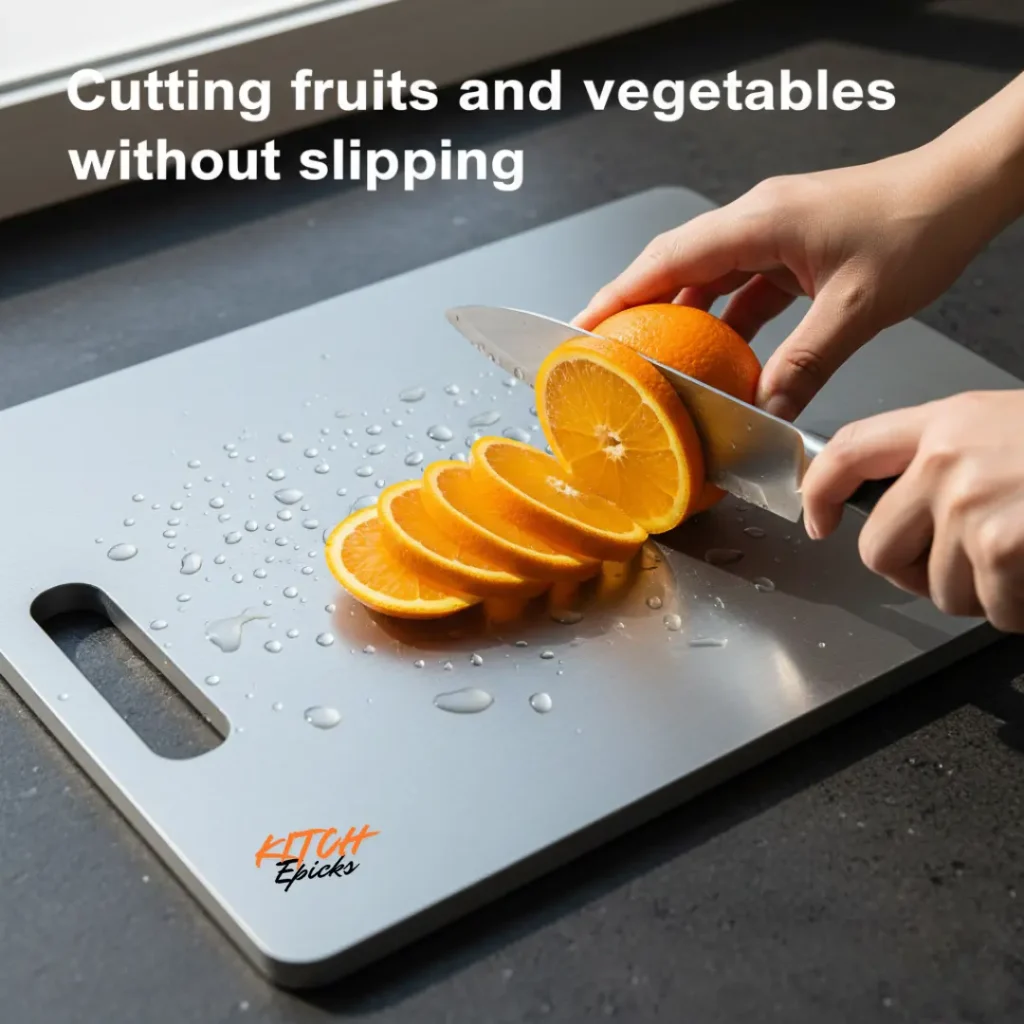 Hands slicing a fresh orange on a titanium cutting board with water droplets, demonstrating a non-slip surface for safe fruit and vegetable cutting.
