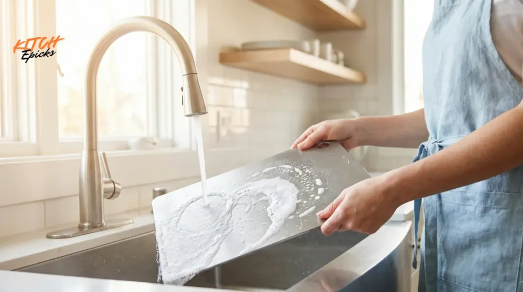 Dishwasher safe titanium cutting board being cleaned with soap and water after food prep