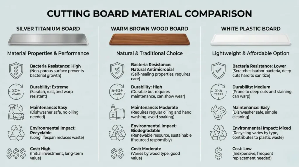 Titanium vs wood vs plastic cutting board comparison showing hygiene durability maintenance and cost differences.