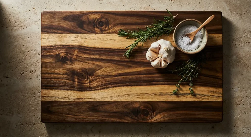 Acacia cutting board with dramatic striped grain in contrasting light and dark brown
