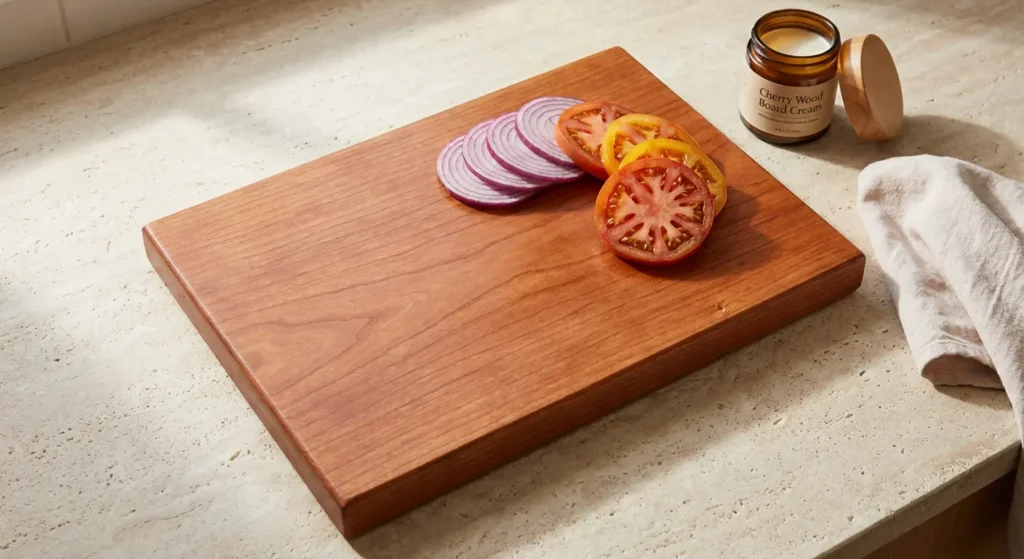 American cherry wood cutting board with warm reddish-brown tone and fine grain
