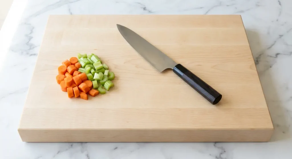 Hard maple cutting board with tight grain and light cream color on kitchen counter
