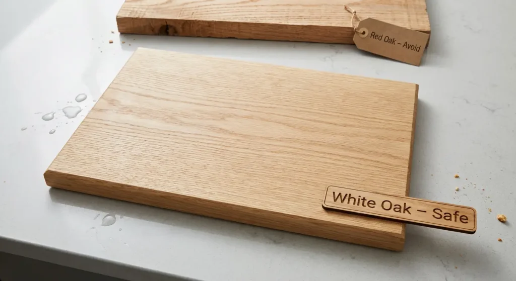 White oak cutting board with light tan color and closed-grain structure for food safety
