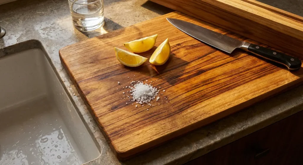 Golden teak cutting board with natural oils and moisture-resistant grain structure
