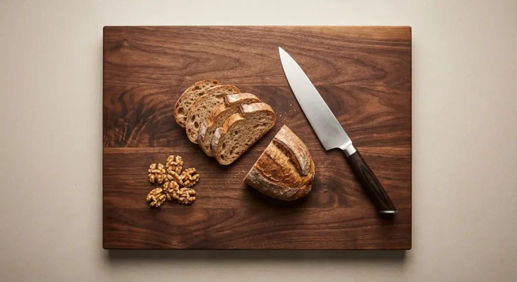 Dark walnut cutting board with rich chocolate-brown color and elegant grain pattern
