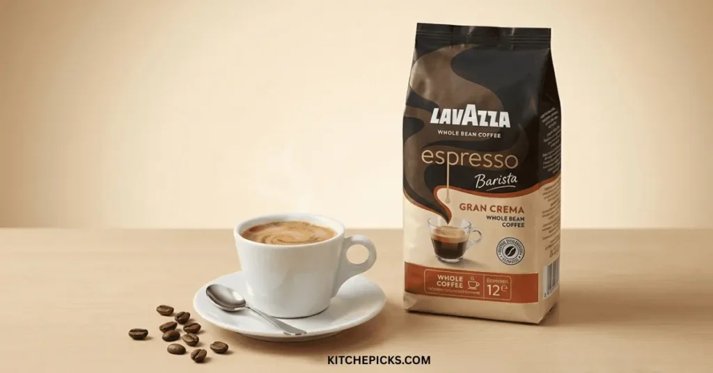 Bean espresso showing a whole bean coffee bag beside a fresh espresso shot with crema 