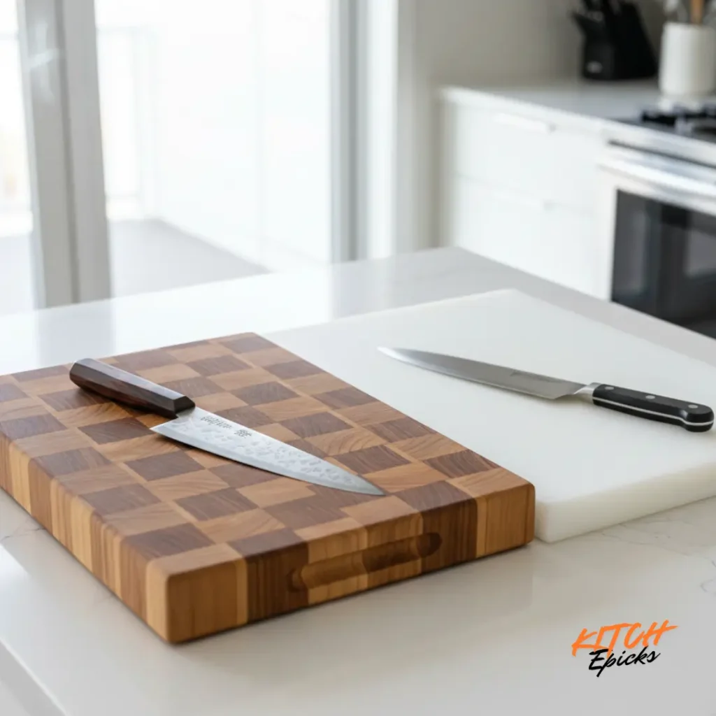 End-grain wood and HDPE plastic cutting boards - best knife-friendly alternatives to titanium