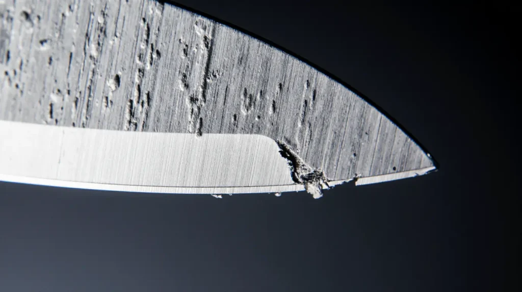 Microchipping and edge damage on knife blade from titanium cutting board use