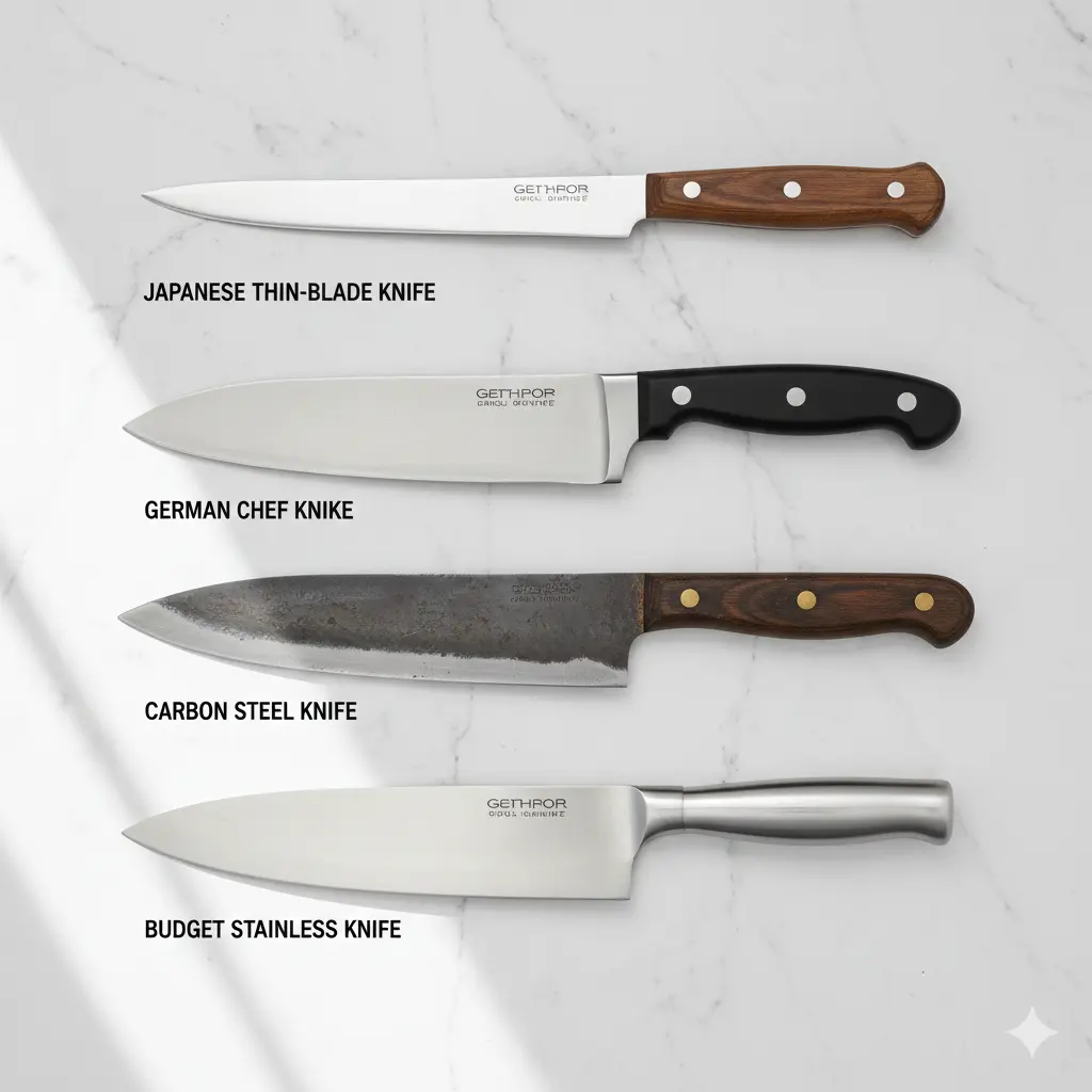 Japanese, German, carbon steel, and stainless kitchen knives showing different blade types affected by titanium boards