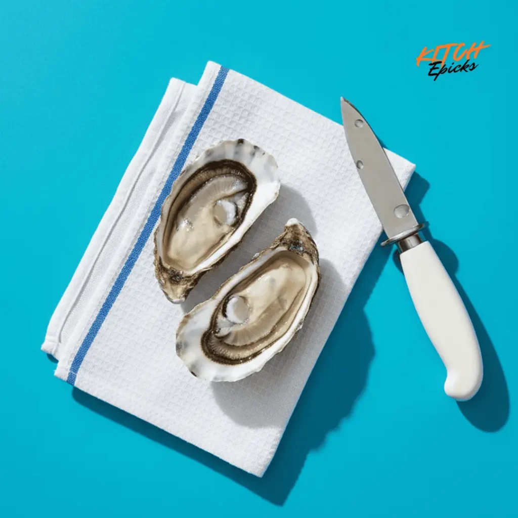 Two perfectly shucked oysters on the half shell with natural liquor and white-handled oyster shucking knife on kitchen towel showing successful shucking technique
