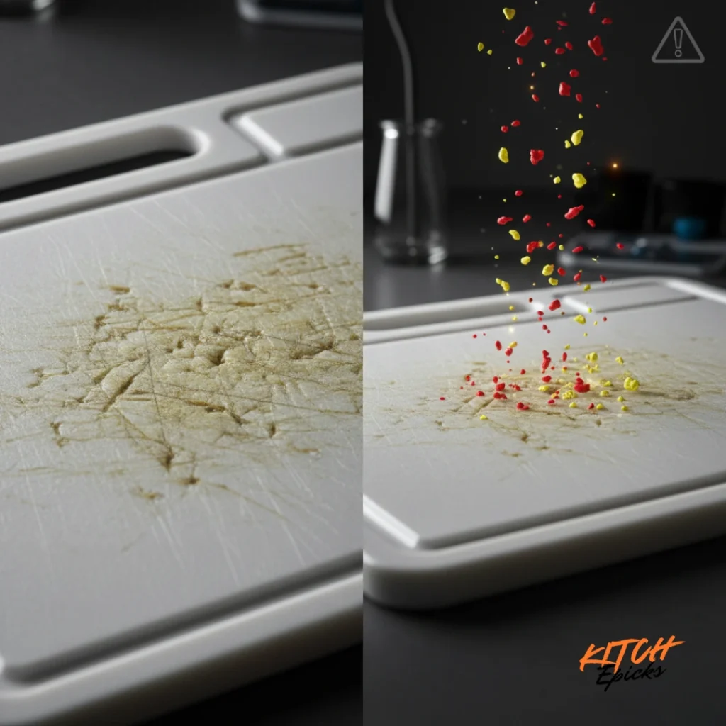 Worn plastic cutting board showing deep knife grooves and microplastic particle release contamination