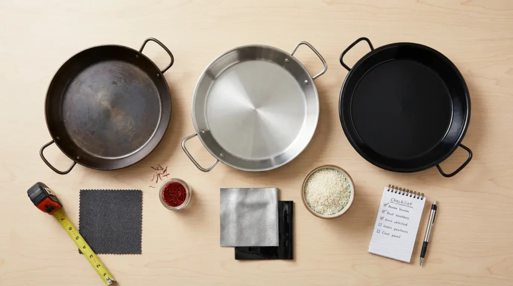 Different cookware paella pans with tape measure, checklist, bomba rice, and saffron on a light tabletop.