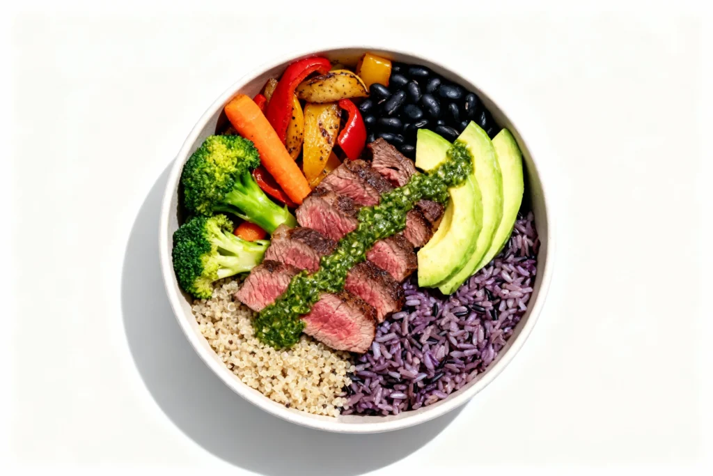sous-vide-skirt-steak-grain-bowl-quinoa-vegetables-meal-prep