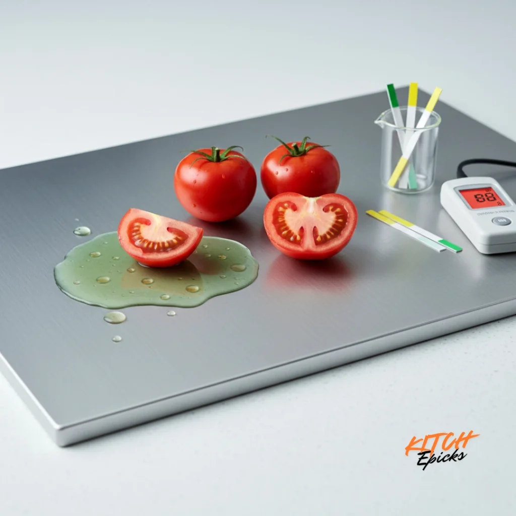 Stainless steel cutting board with acidic tomatoes showing potential nickel leaching metal migration risk