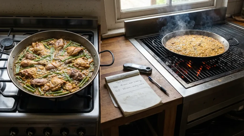 Two cookware paella pans being tested, one on a gas stove and one over a charcoal grill with notes and thermometer nearby.