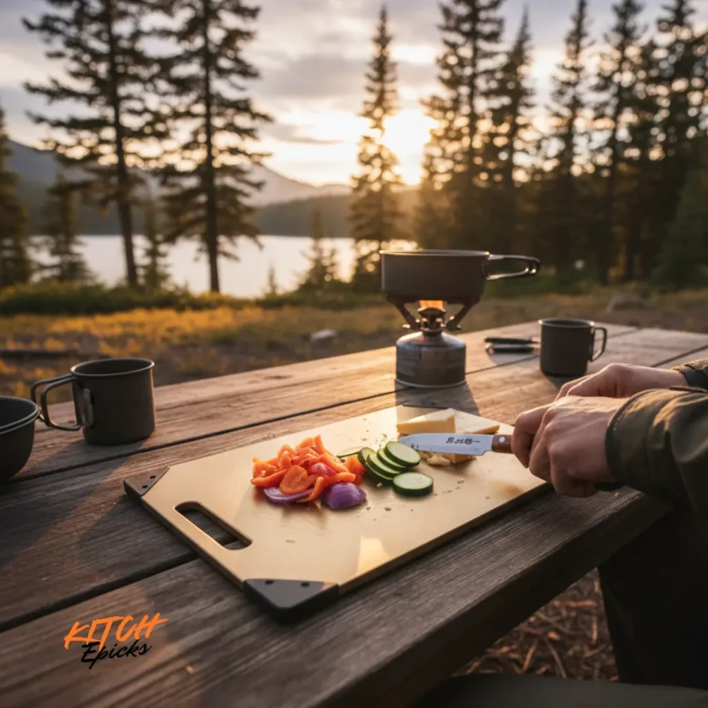 Titanium cutting board used for outdoor camping cooking where durability matters more than knife preservation