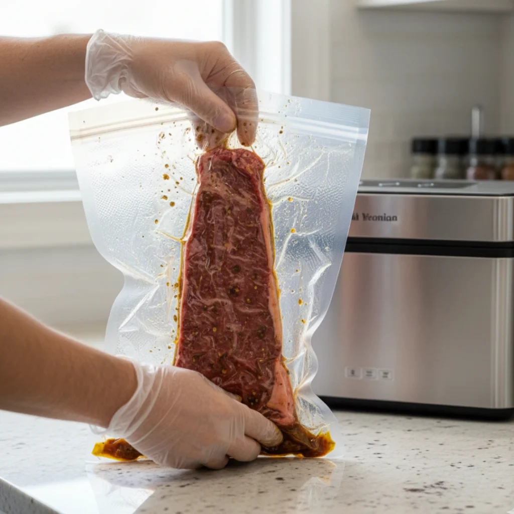 vacuum-sealing-skirt-steak-marinade-sous-vide-bag-technique