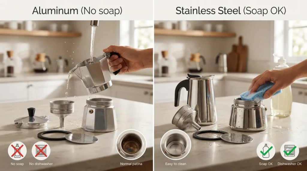 Side-by-side cleaning guide showing how to clean an aluminum moka pot with warm water only and how to clean a stainless steel moka pot with mild soap and a sponge.