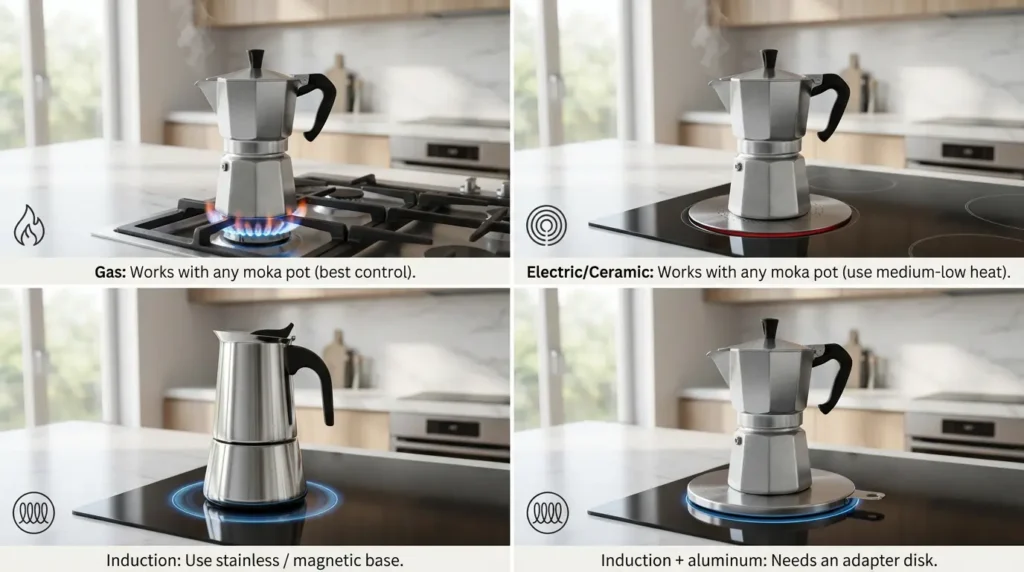 Moka pot stove compatibility guide showing gas, electric/ceramic, induction stainless moka pot, and aluminum moka pot with induction adapter disk.