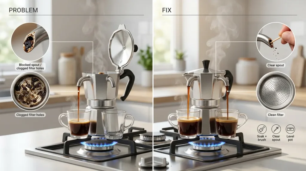 Dual-spout moka pot troubleshooting image showing only one spout pouring due to clogged spout or filter holes, and the fix by soaking, cleaning with a toothpick, and leveling the pot.