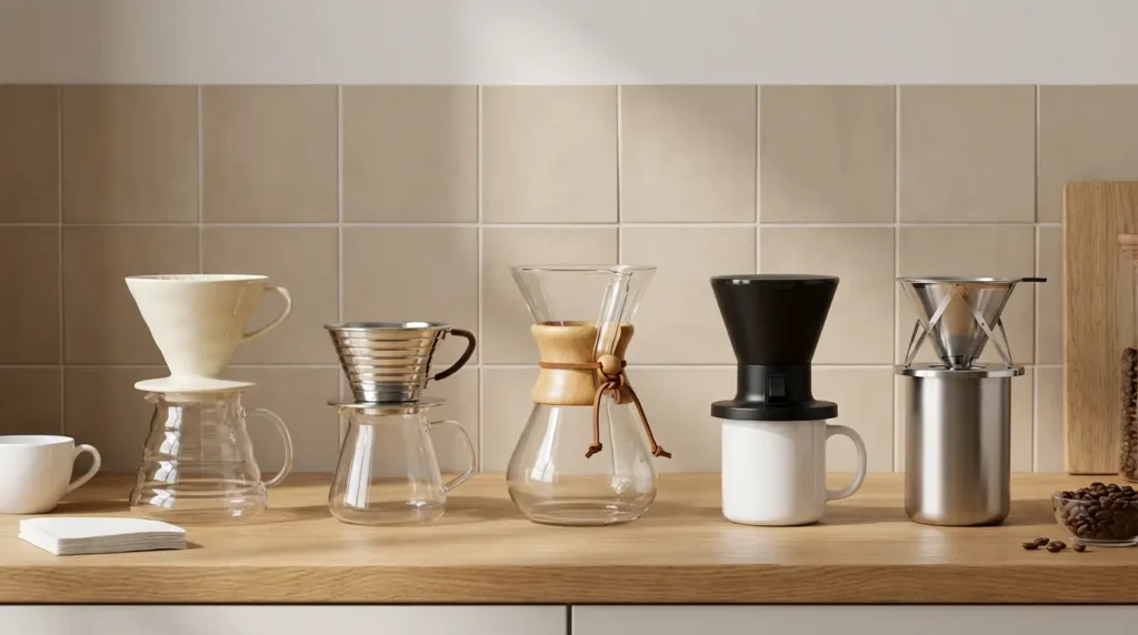 Best pour over coffee maker lineup on a kitchen counter showing cone, flat-bottom, Chemex-style and travel pour-over brewers.