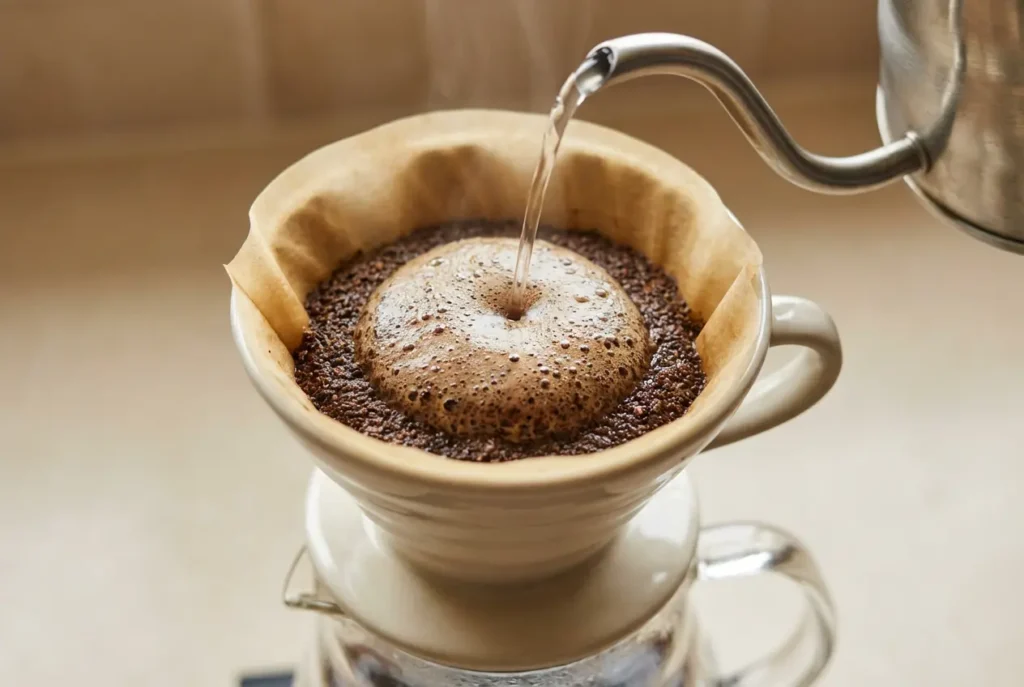 Brown vs white paper filters used in a pour-over coffee maker to compare filter color and texture.