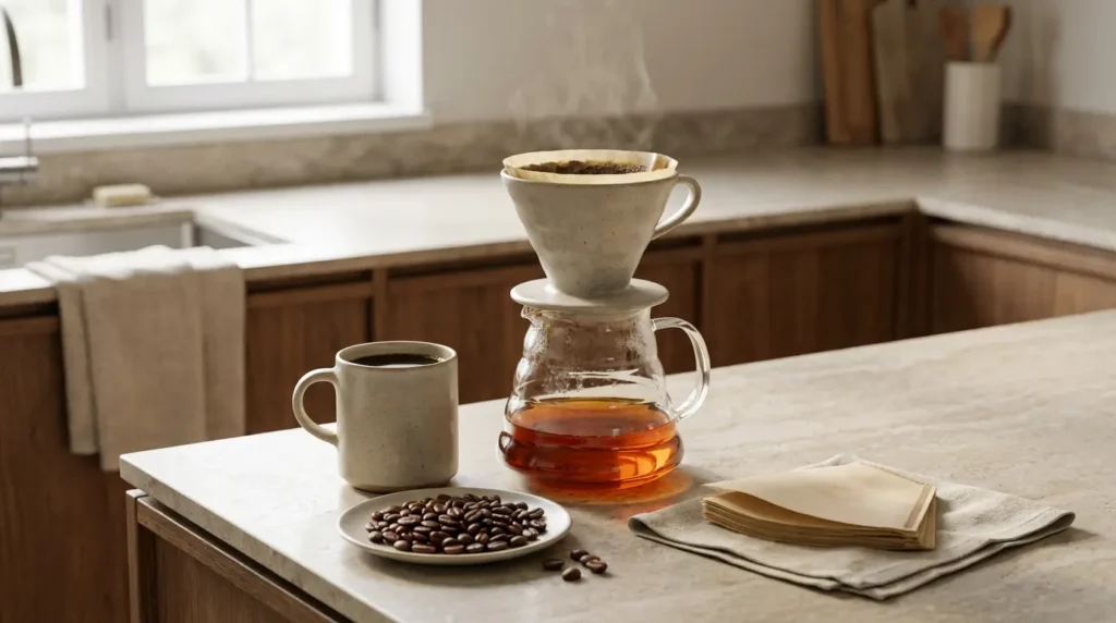 Pour-over coffee bloom stage in a paper filter showing bubbling grounds for better extraction