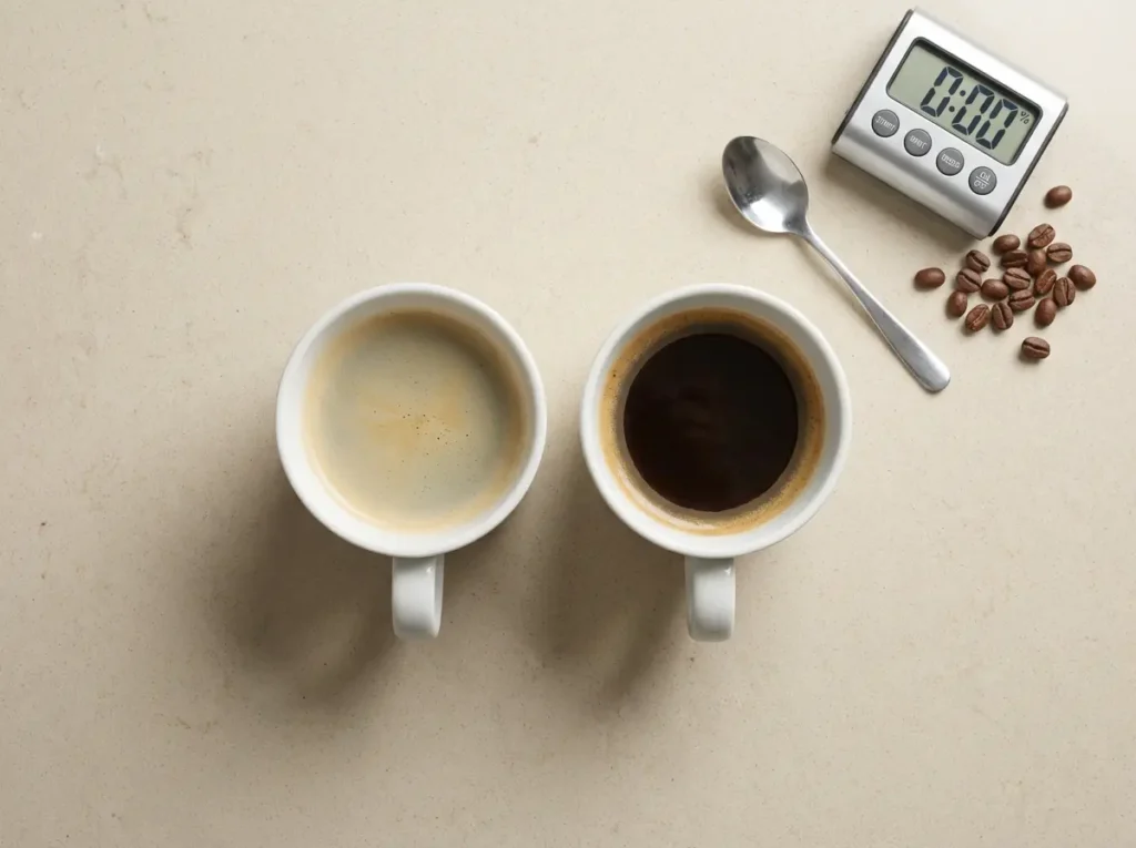 Under-extracted vs over-extracted pour-over coffee in two cups showing color difference for pour over troubleshooting