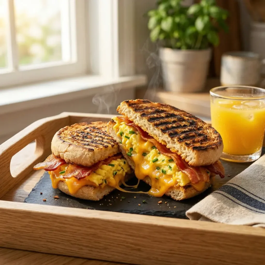 Breakfast Egg & Cheese Panini made with cast iron panini press on rustic wooden board