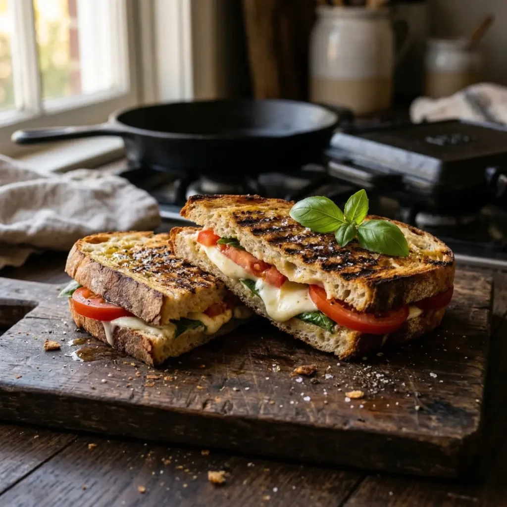 classic caprese panini made with cast iron panini press on rustic wooden board