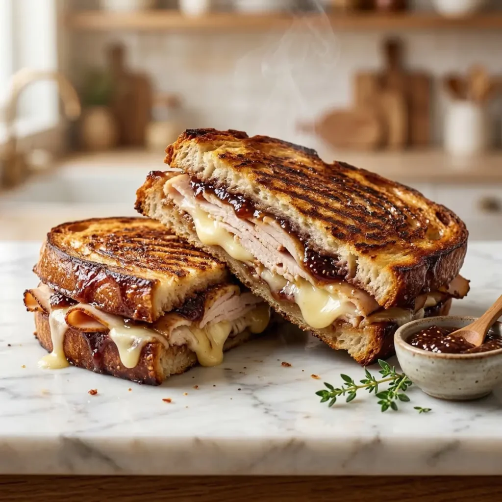 Turkey, Brie & Fig Jam Panini made with cast iron panini press on rustic wooden board