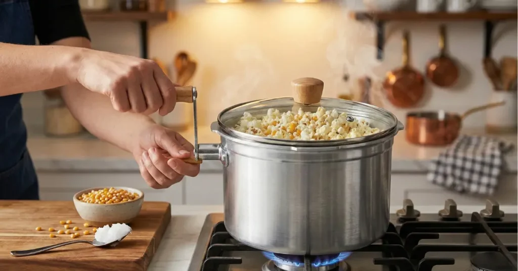 hands cranking a stovetop popcorn maker on a gas burner with popcorn kernels popping