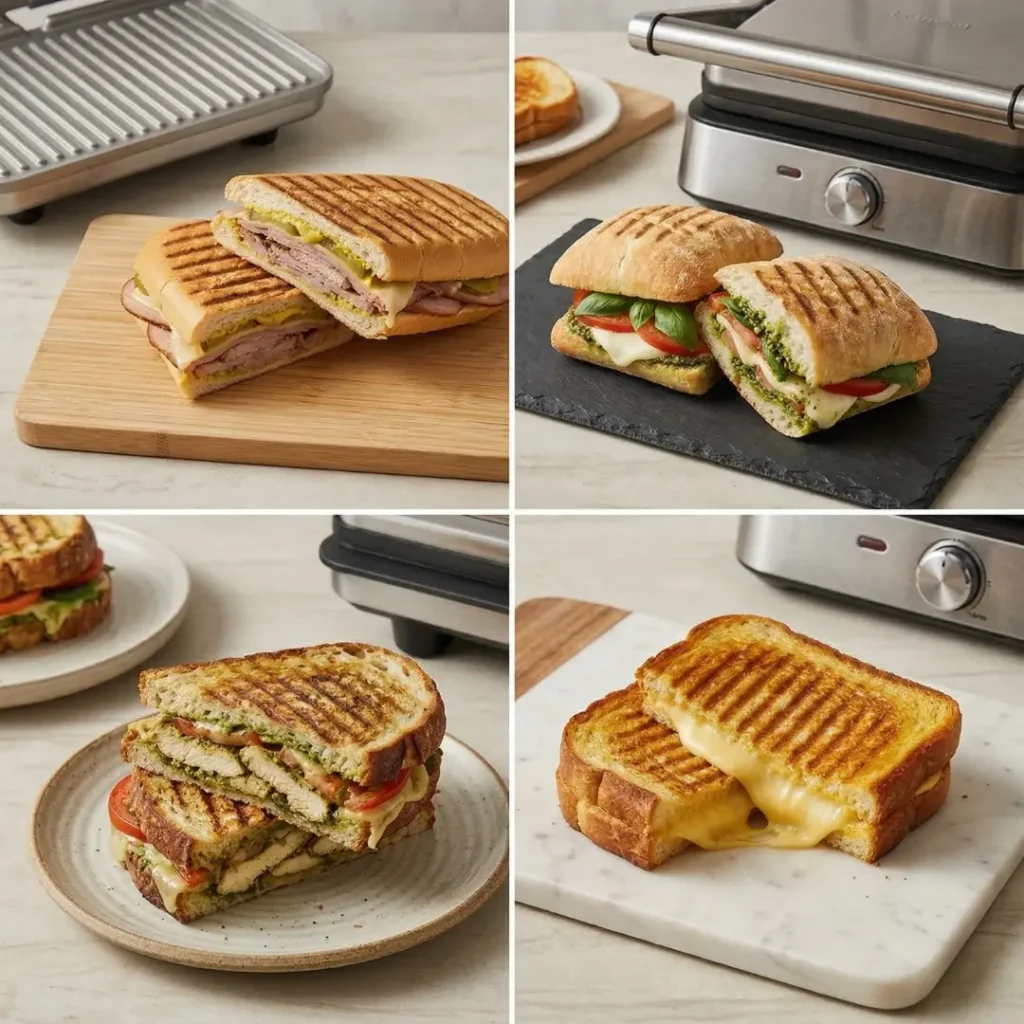 Four different sandwiches made with a panini press, including Cubano, Caprese, chicken pesto, and grilled cheese, shown with crispy bread, grill marks, and melted fillings.