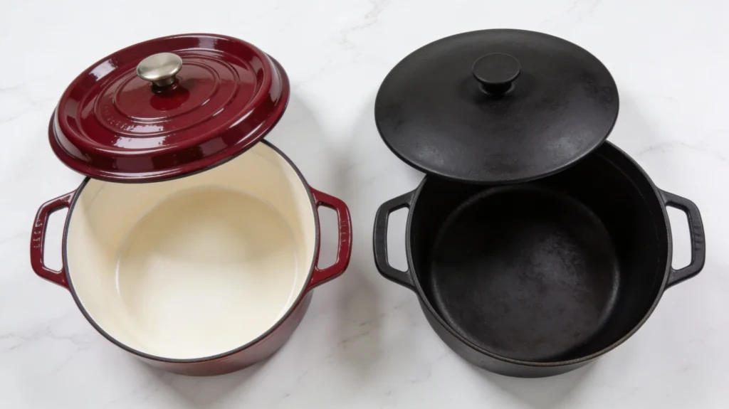 Cast iron dutch oven comparison showing red Le Creuset and black Staub side by side on marble surface