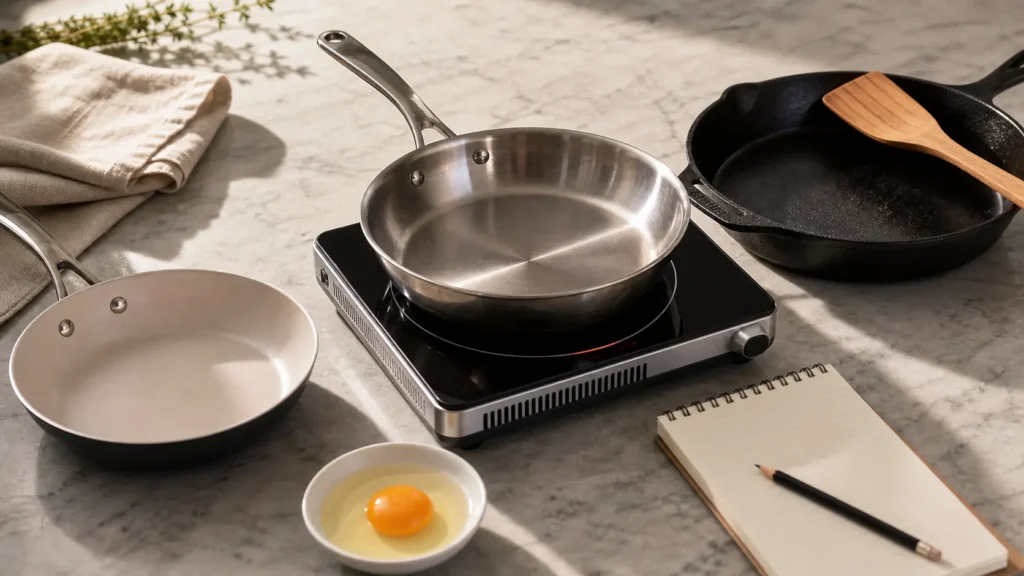 Editorial overhead flat-lay of stainless steel, ceramic, and cast iron skillets being tested side by side on a marble countertop with a notepad and wooden spatula