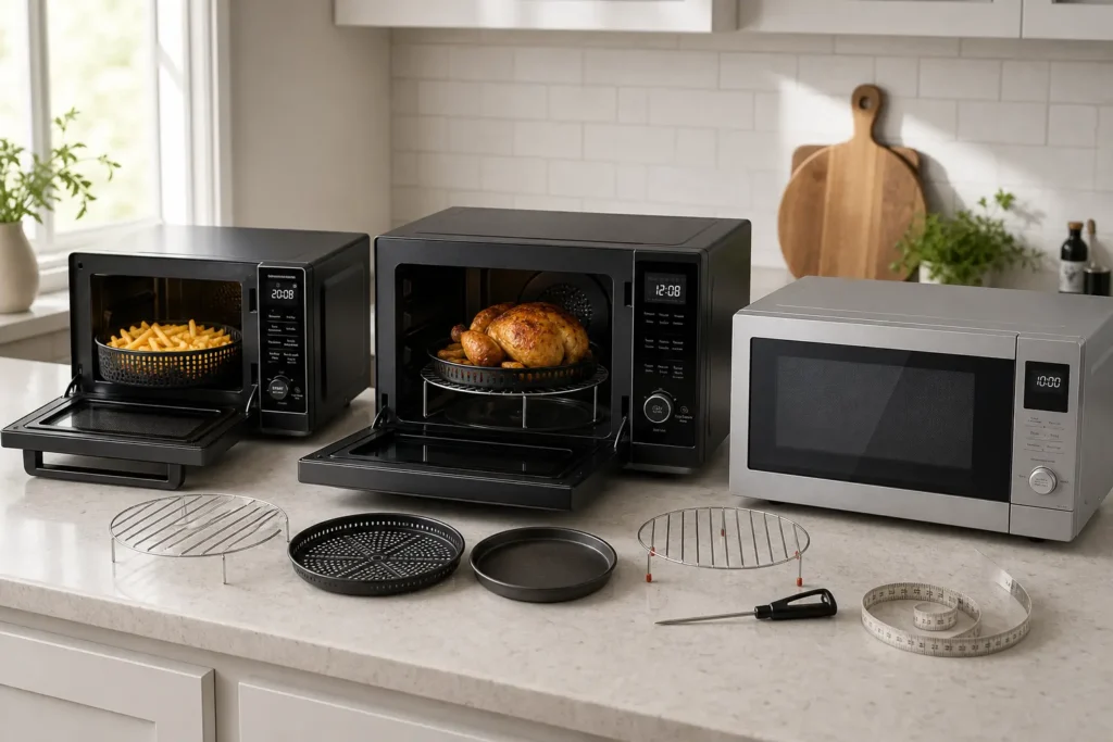 Best air fryer microwave combo buying guide image showing tested countertop models and accessories