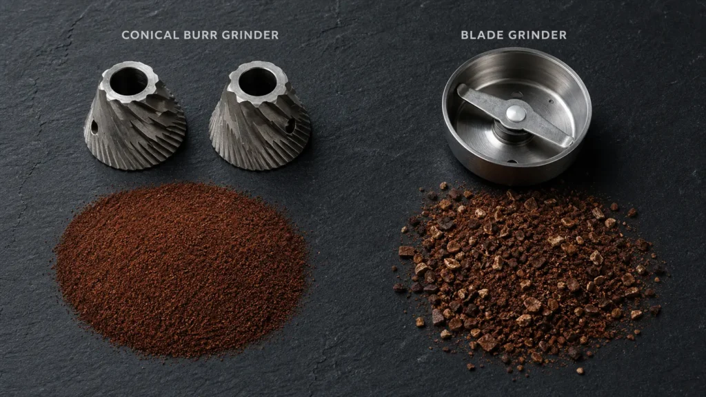 Burr grinder vs blade grinder comparison showing uniform and uneven coffee grounds particle size — KitchePicks
