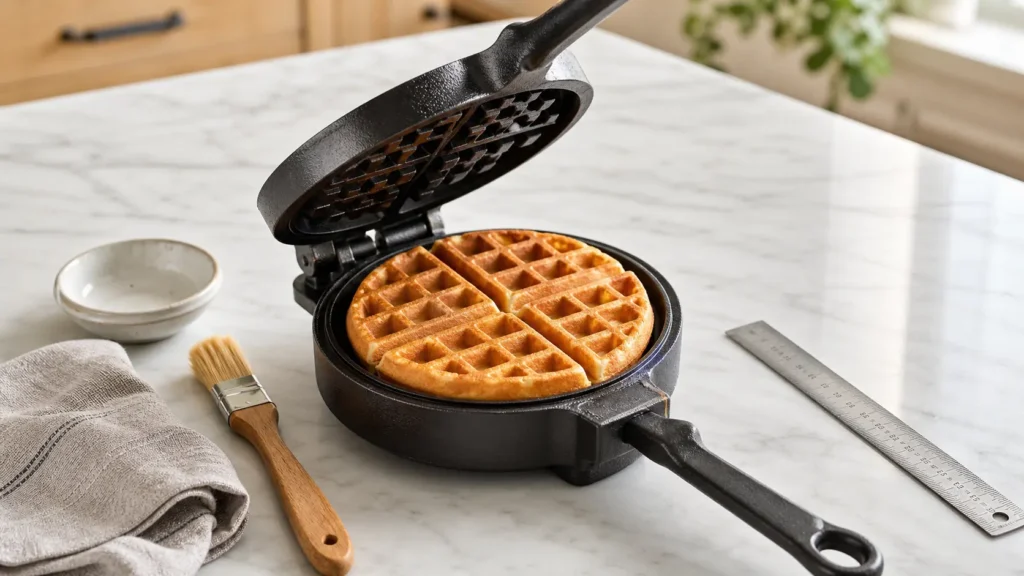 Cast iron waffle maker buying guide image showing open waffle iron, crispy waffle, long handle, and seasoning tools