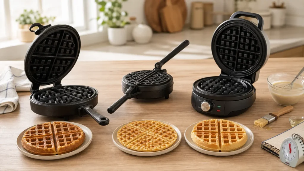 Cast iron waffle maker comparison showing stovetop, campfire, and electric waffle makers with finished waffles
