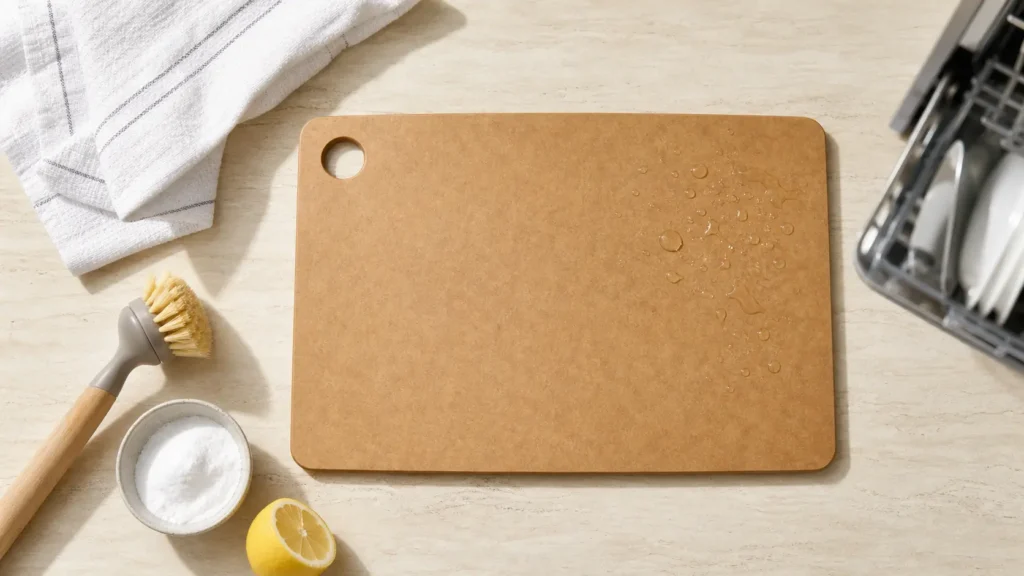 Epicurean Cutting Board review care and maintenance flat lay with easy-clean tools and dishwasher-safe context  