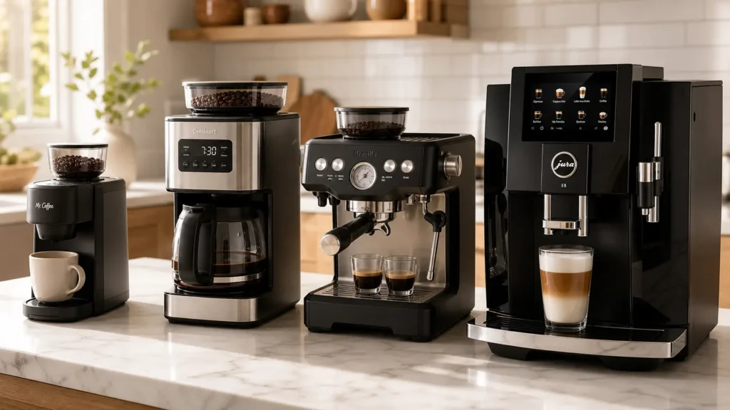 Four coffee machines with grinder arranged by budget tier from single-serve to super-automatic espresso machine — KitchePicks