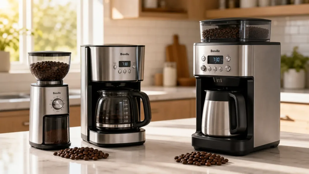 Standalone burr grinder next to drip coffee maker vs all-in-one coffee machine with grinder on kitchen counter — KitchePicks