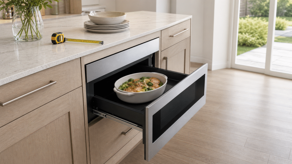 Sharp microwave drawer buying guide image showing built-in under-counter installation in a modern kitchen