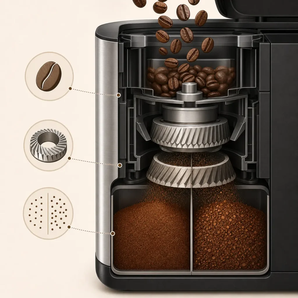 Super-Automatic Espresso Machine grinder illustration showing coffee beans and consistent grounds for even extraction  